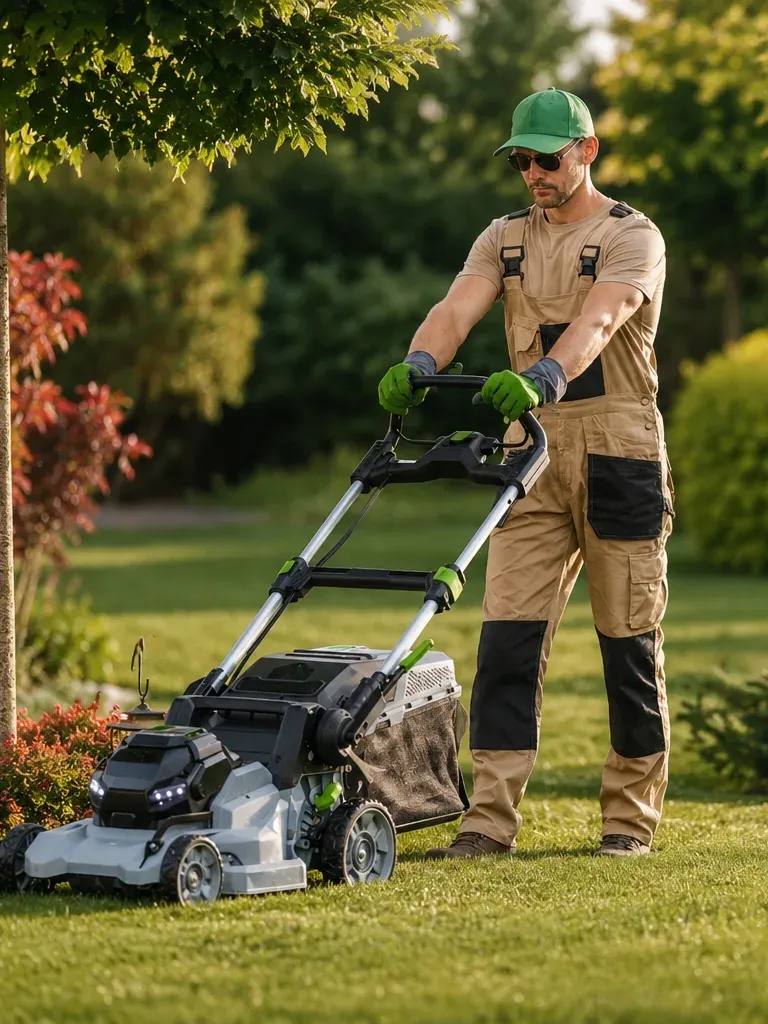 Landscaper mowing a lawn with a self-propelled mower