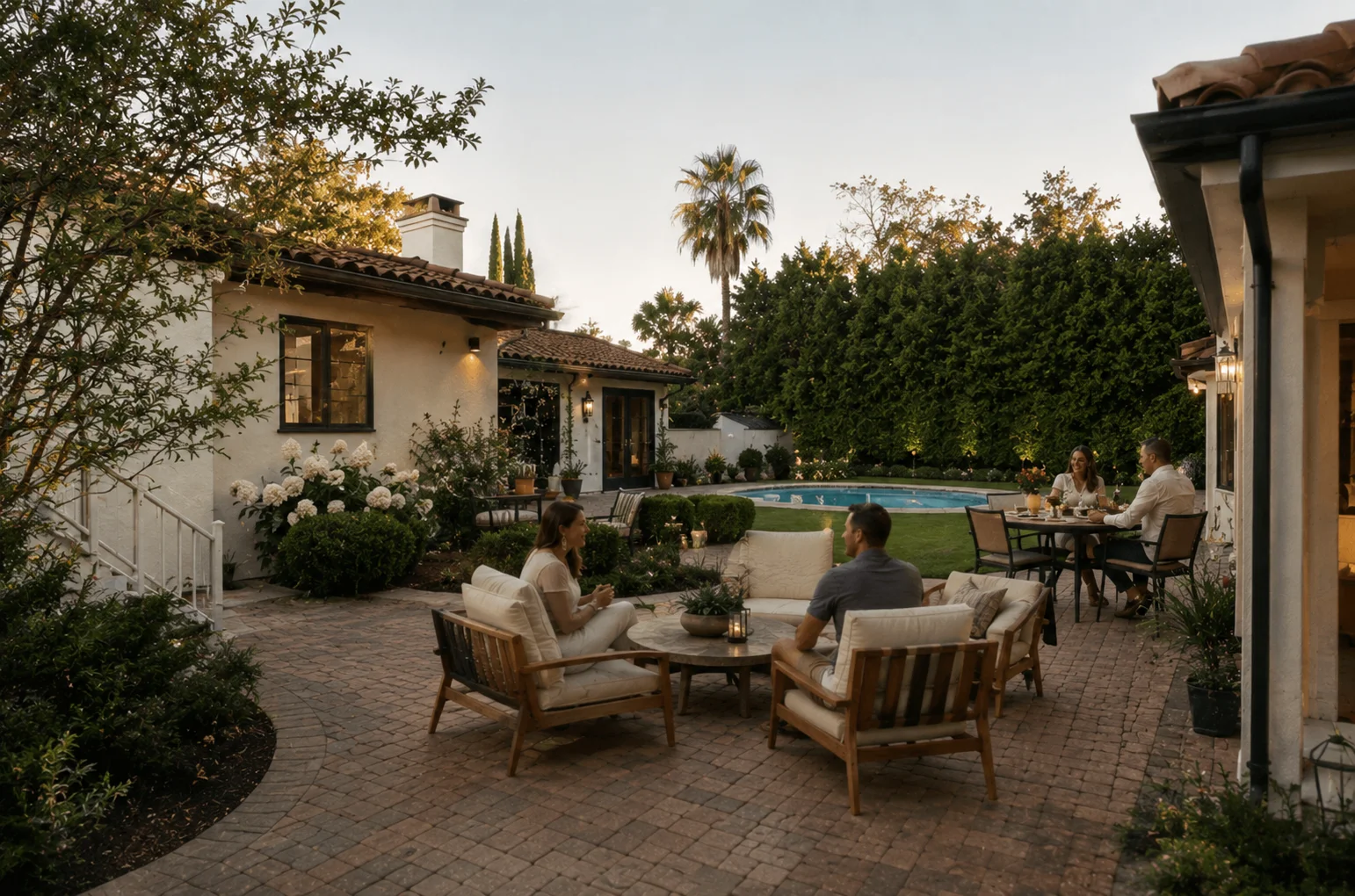 Family relaxing on a paver patio beside a pool and lush hedges at dusk