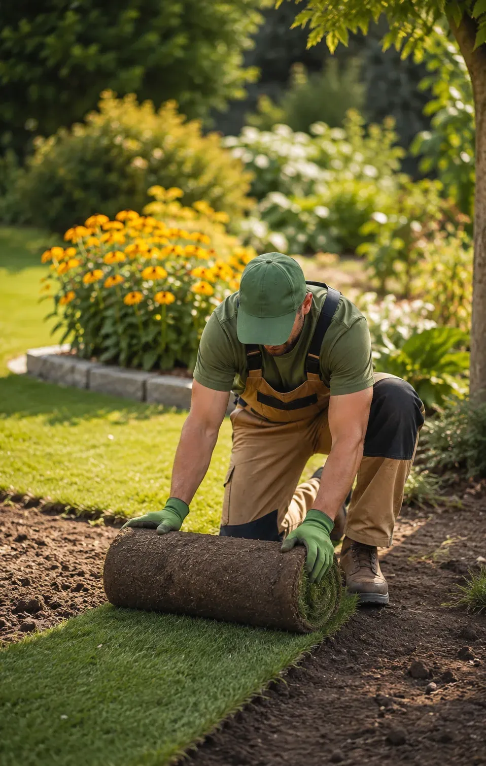 Landscaper rolling out fresh sod in a garden