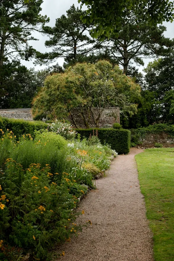 Gravel path winding between lush perennial borders