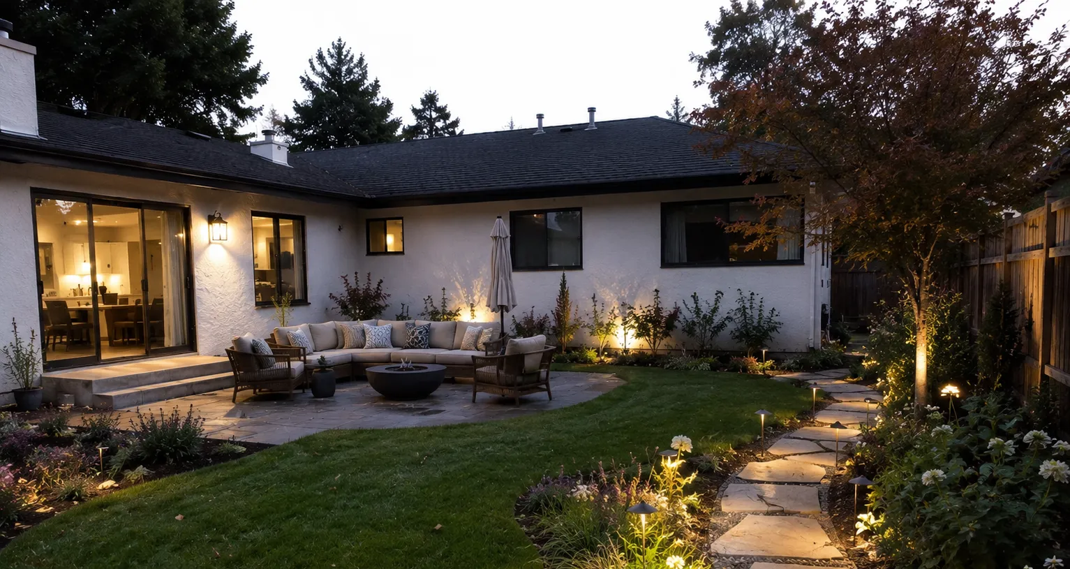 Backyard after: lawn, a stone patio with a fire pit and lit garden path