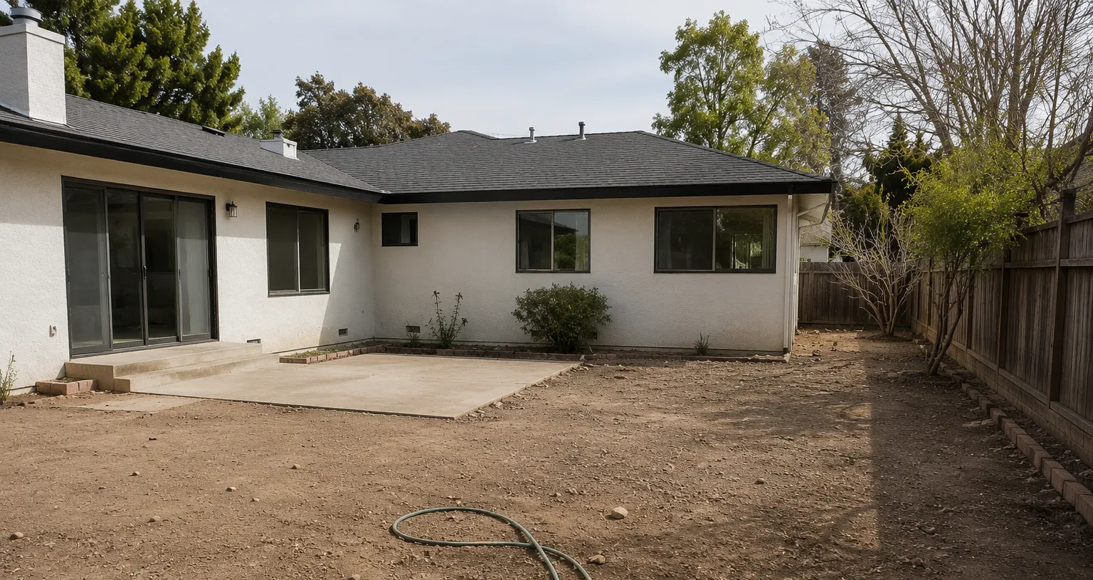 Backyard before: bare dirt, a small concrete pad and an empty fence line