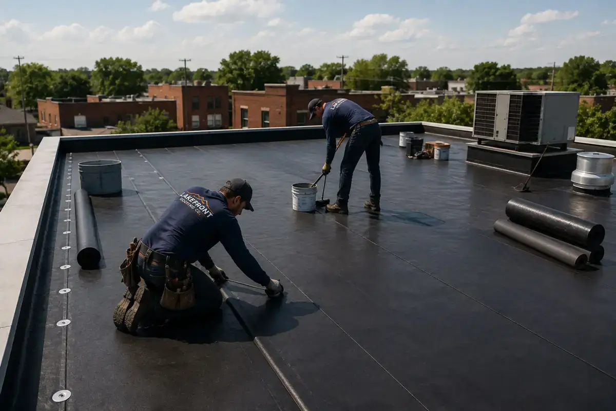Crew installing a membrane system on a flat roof