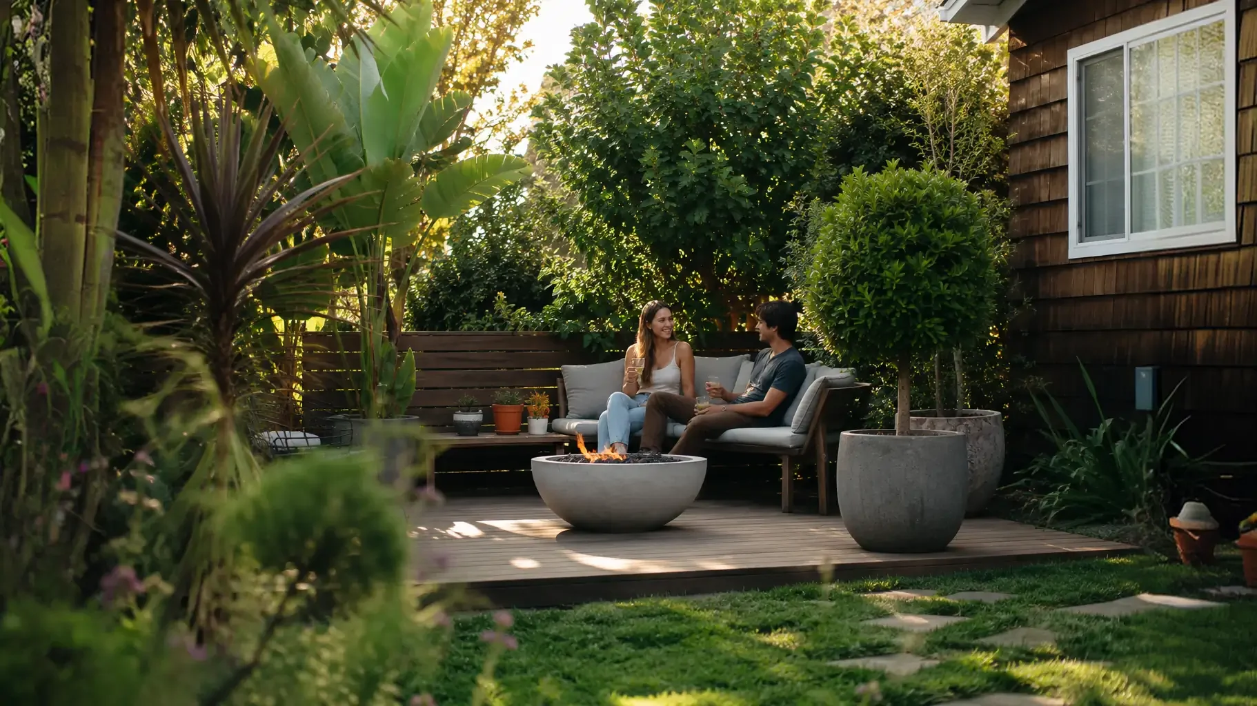 Couple relaxing on a garden patio surrounded by planters and tropical plants