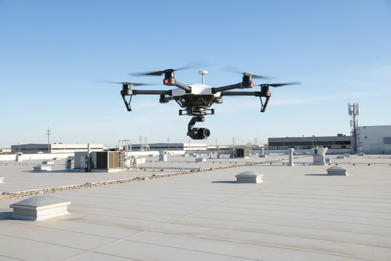 Inspection drone hovering over a flat commercial roof