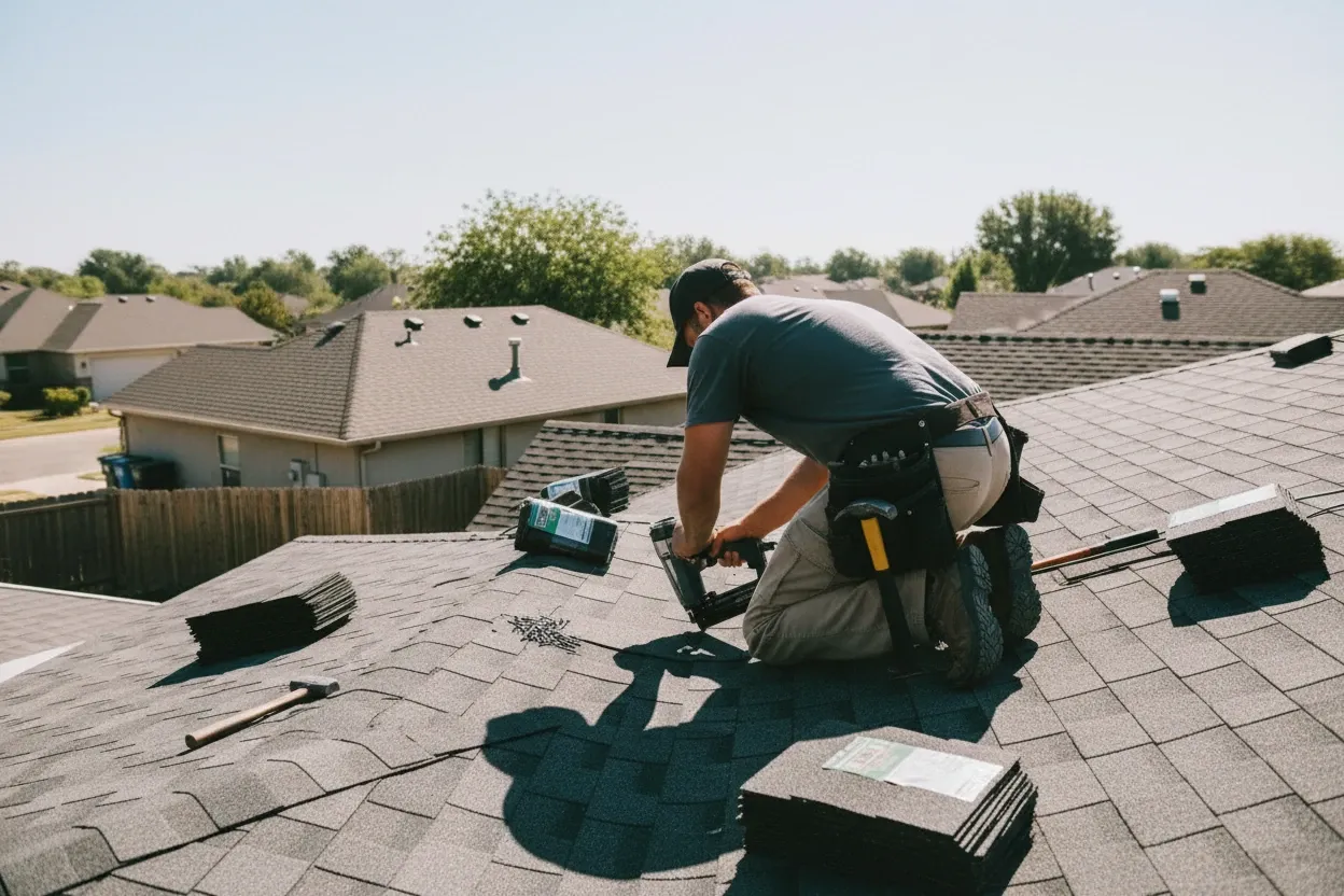 Roofer fastening new asphalt shingles on a sloped roof