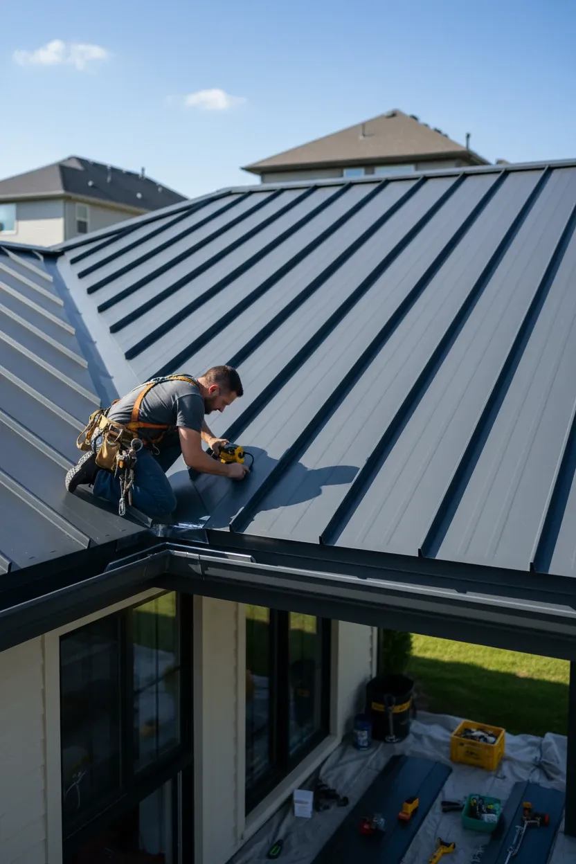 Roofer working on a standing-seam metal roof