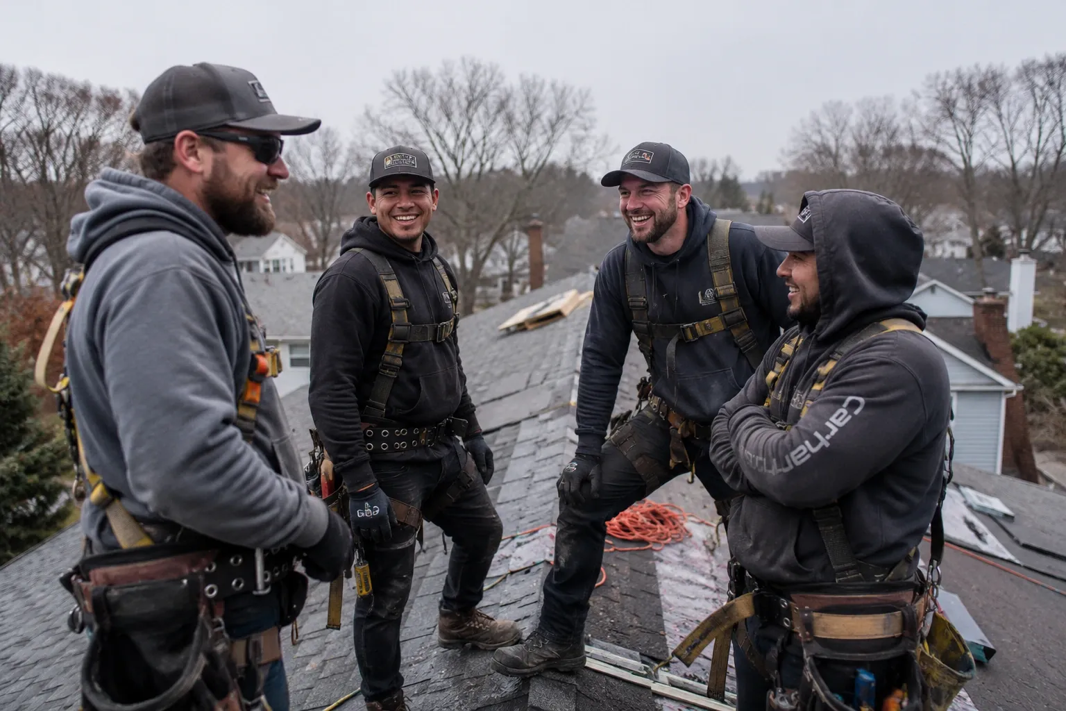 Four Foundry roofers in harnesses laughing together on a roof in Cleveland
