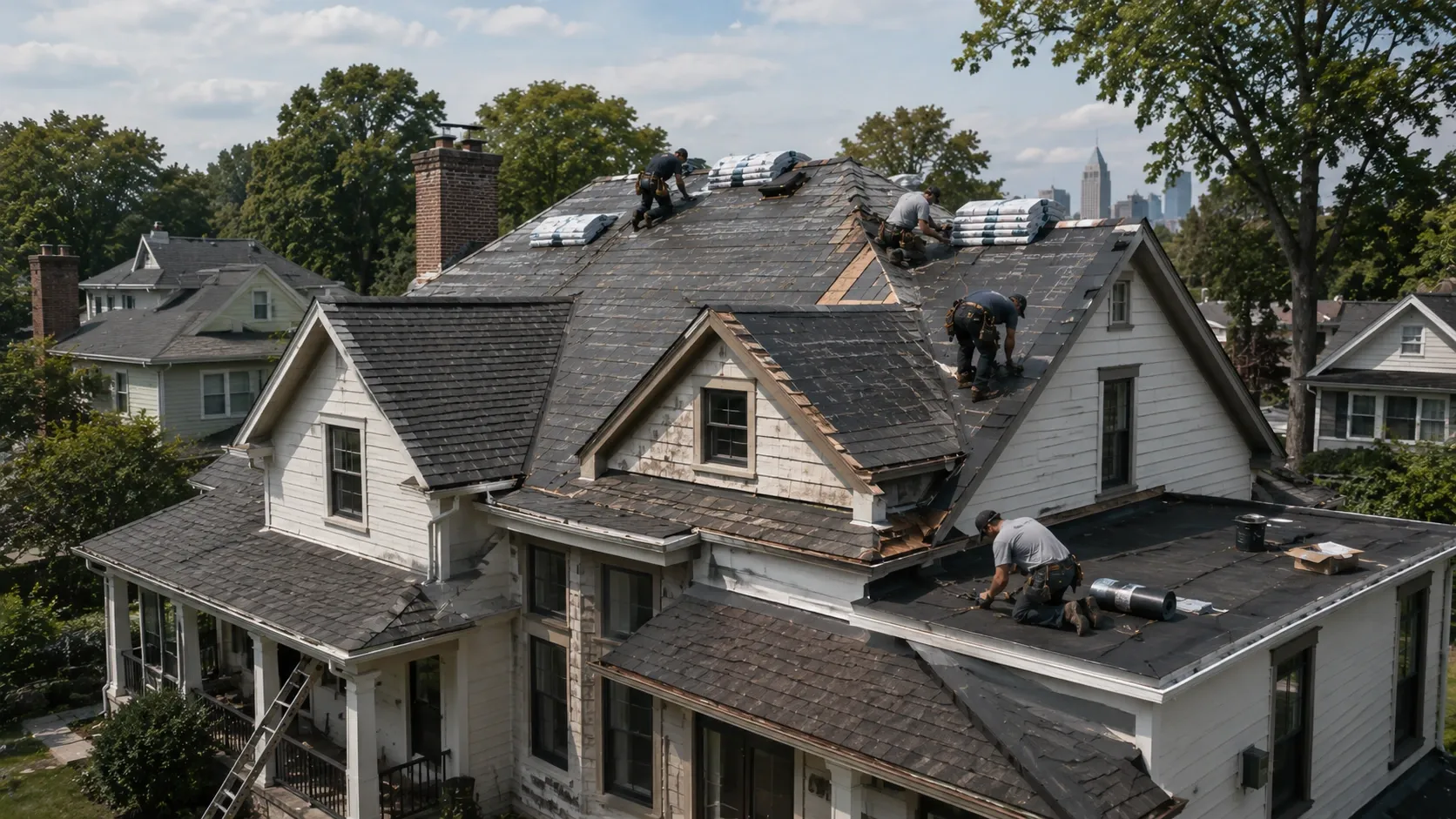 Large home with a complex roofline and mixed roofing materials