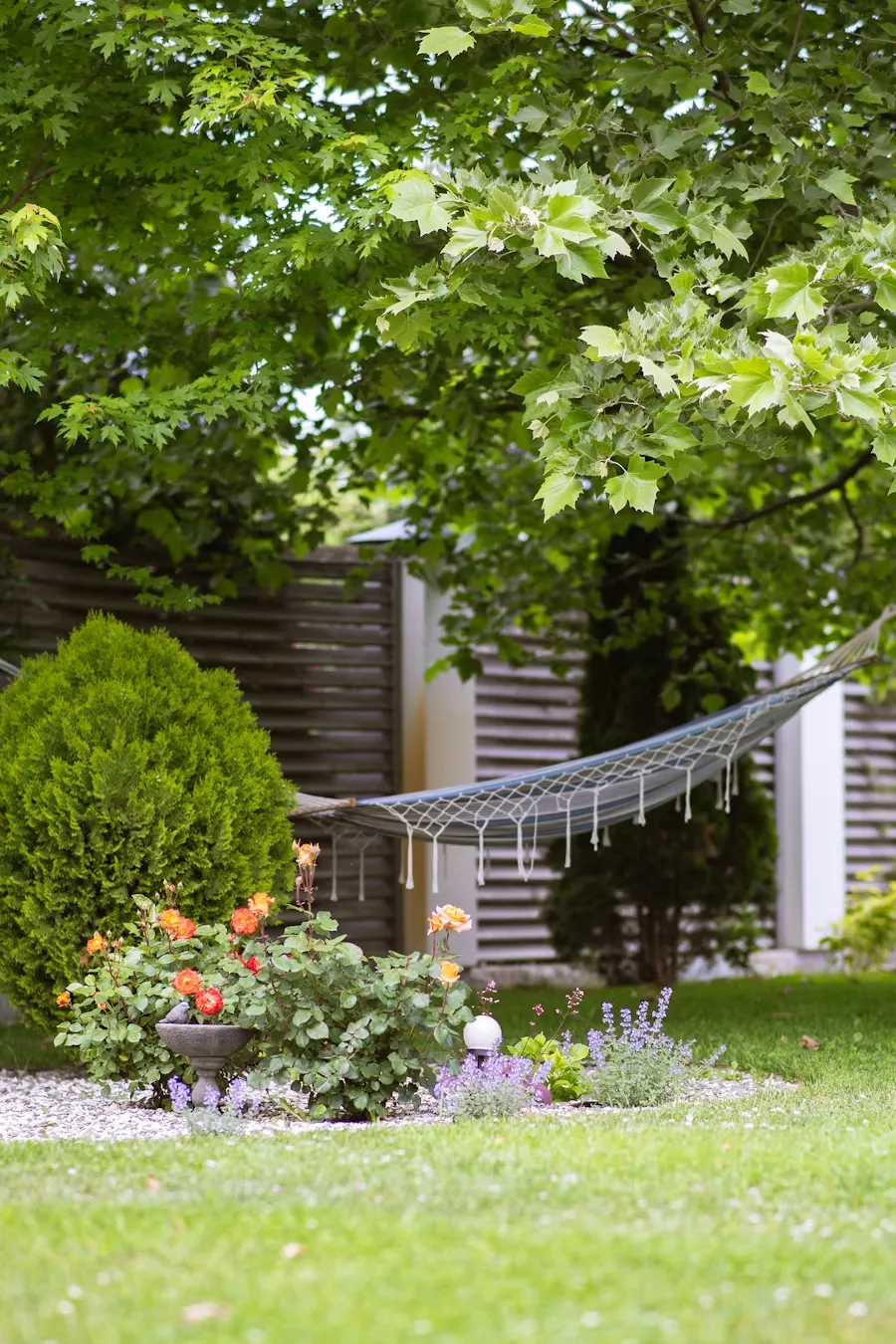 Hammock strung between trees in a lush, flowering garden