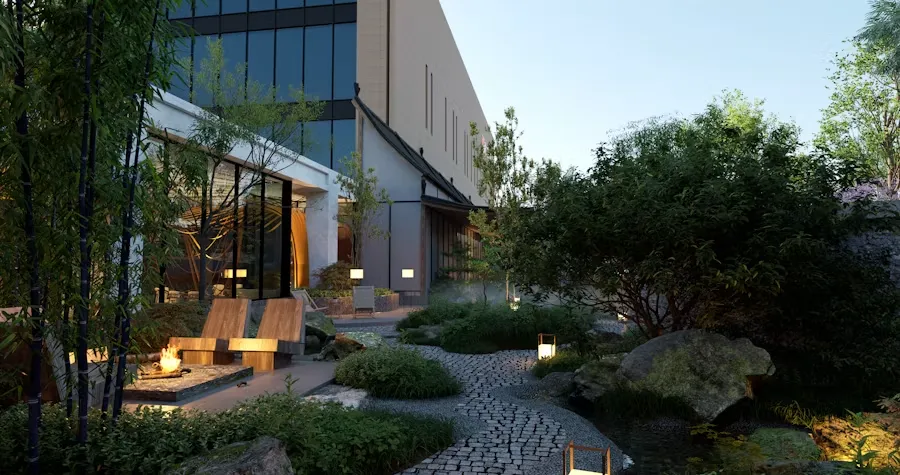 Modern home with a manicured garden path at dusk
