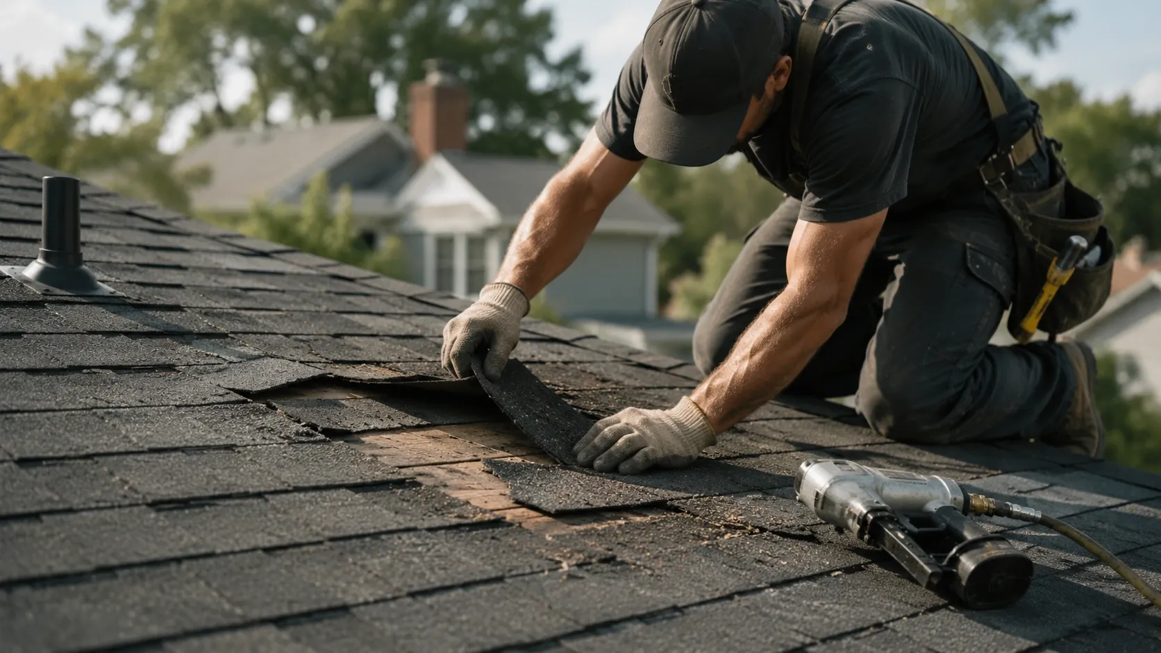 Roofer replacing damaged asphalt shingles on a sloped roof