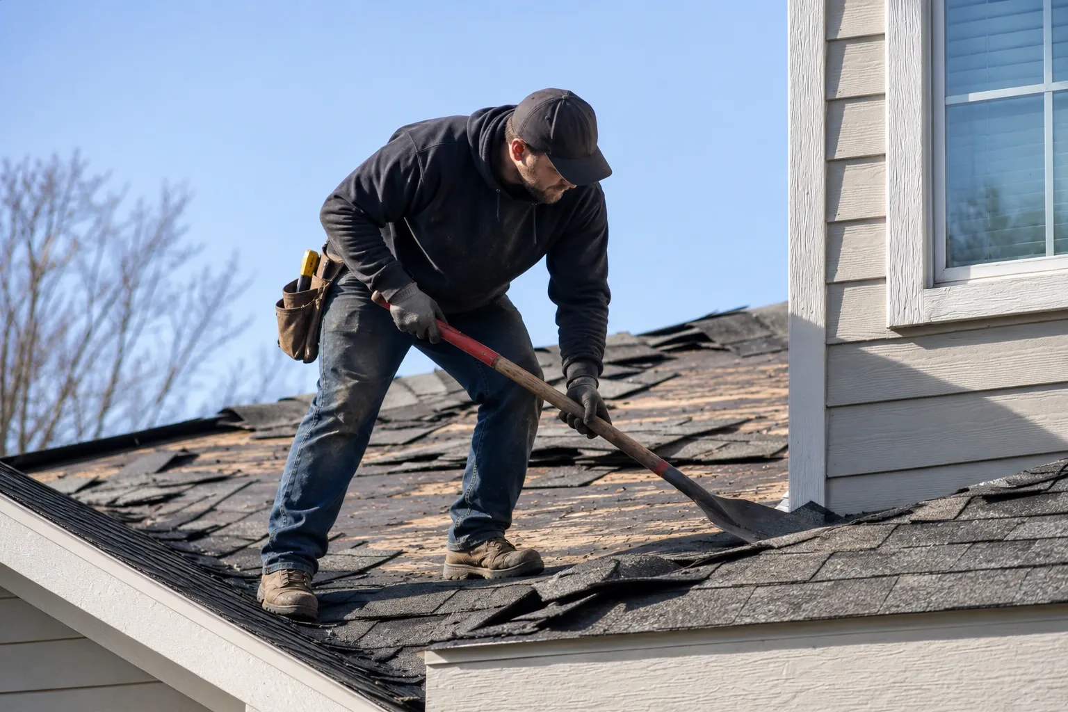 Roofer inspecting worn shingles on a steep roof