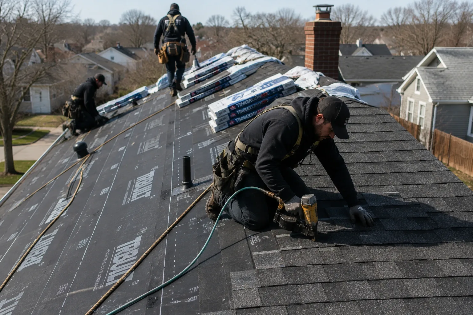 Roofing crew installing new shingles over underlayment