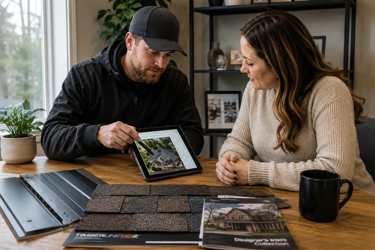 Roofer showing a homeowner roofing samples and photos on a tablet at her kitchen table