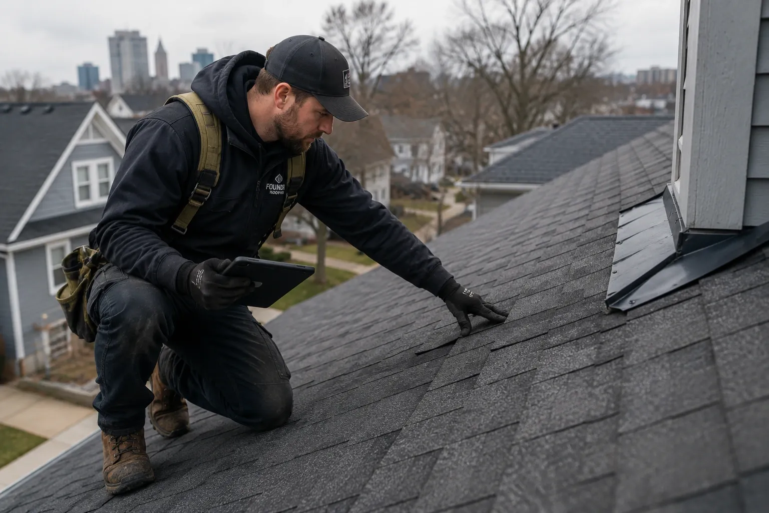 Roofer checking the finished shingles with a tablet