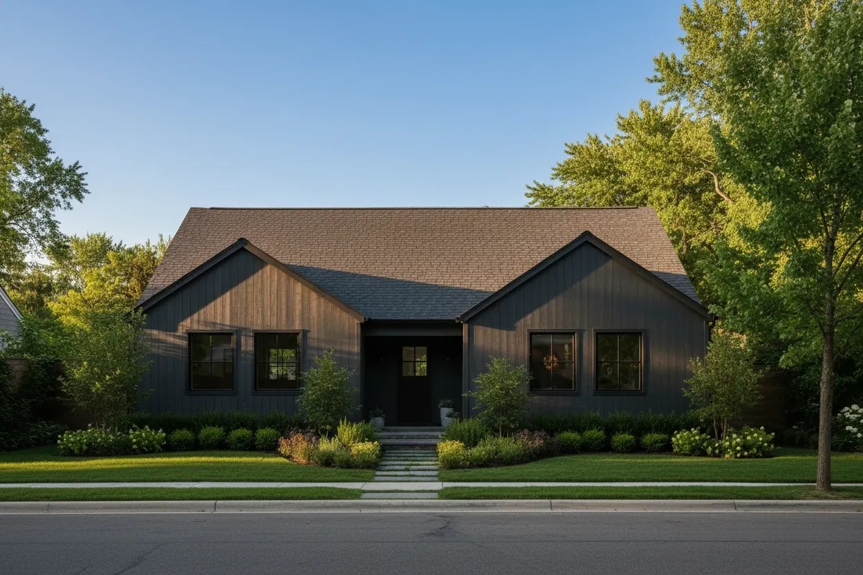 Dark board-and-batten home with a new architectural shingle roof
