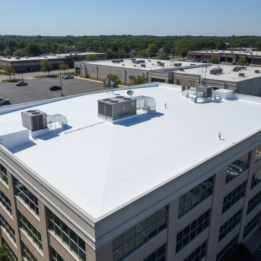 White flat roof membrane on a commercial building