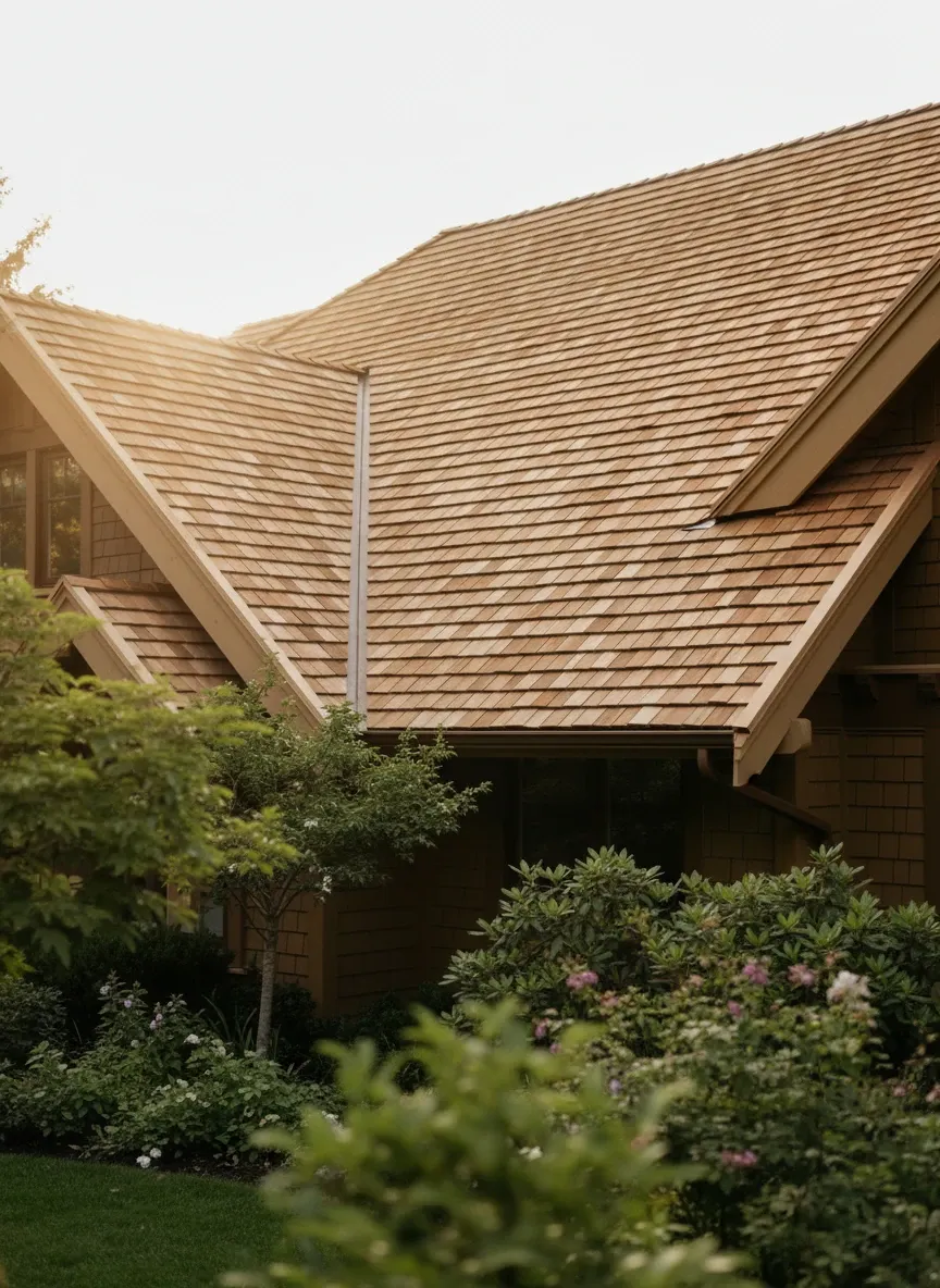 Cedar shake roof on a timber-framed home