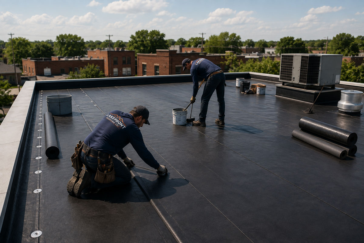 Crew installing a membrane system on a flat roof