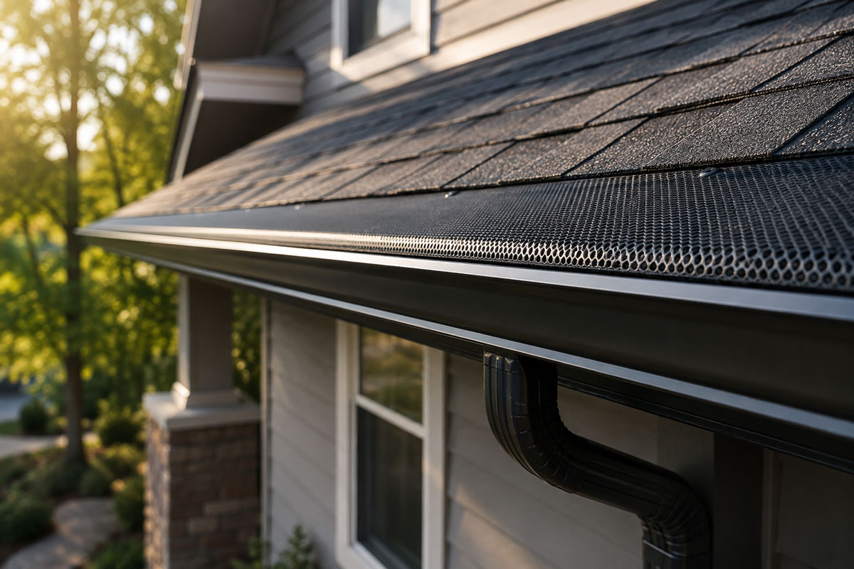 New seamless gutters with leaf guards along a shingle roofline