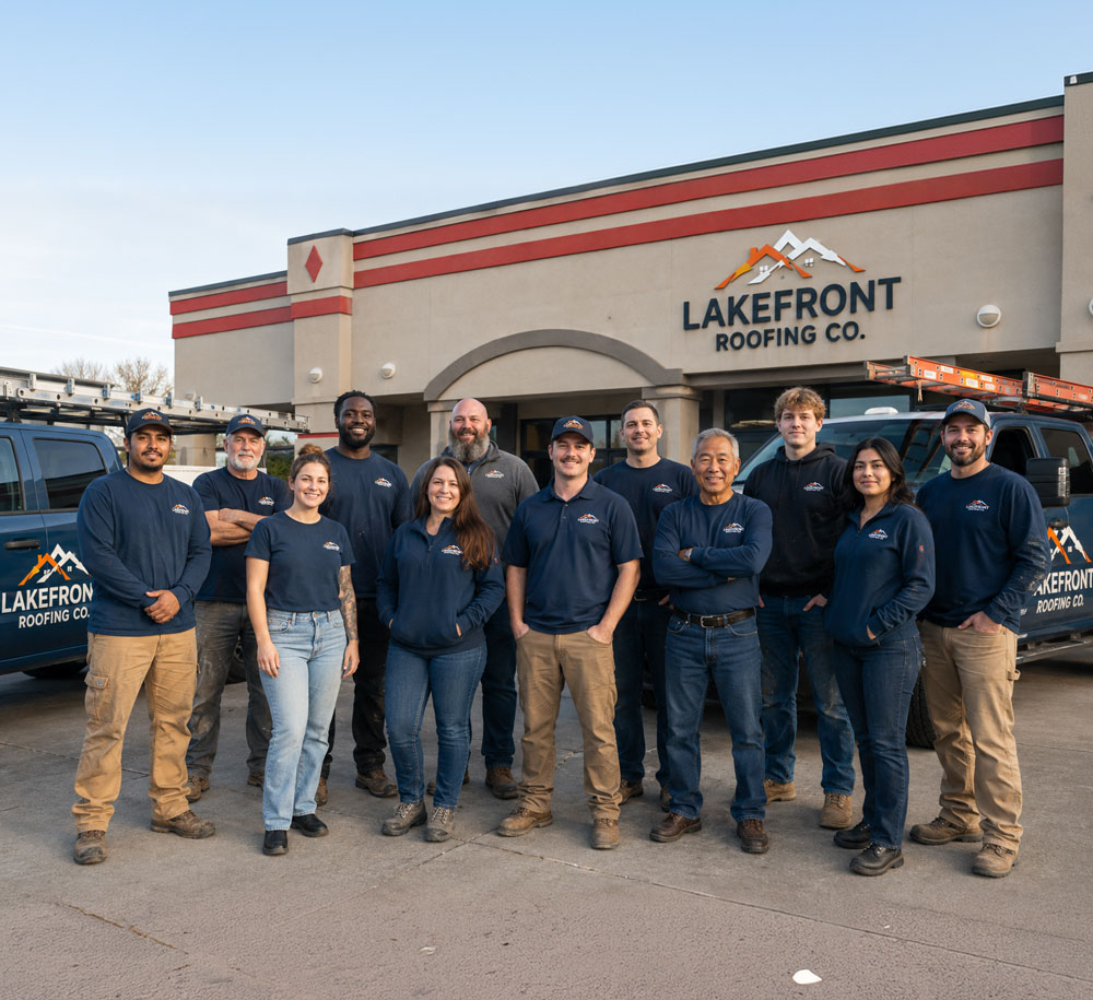 Lakefront Roofing team outside the company headquarters