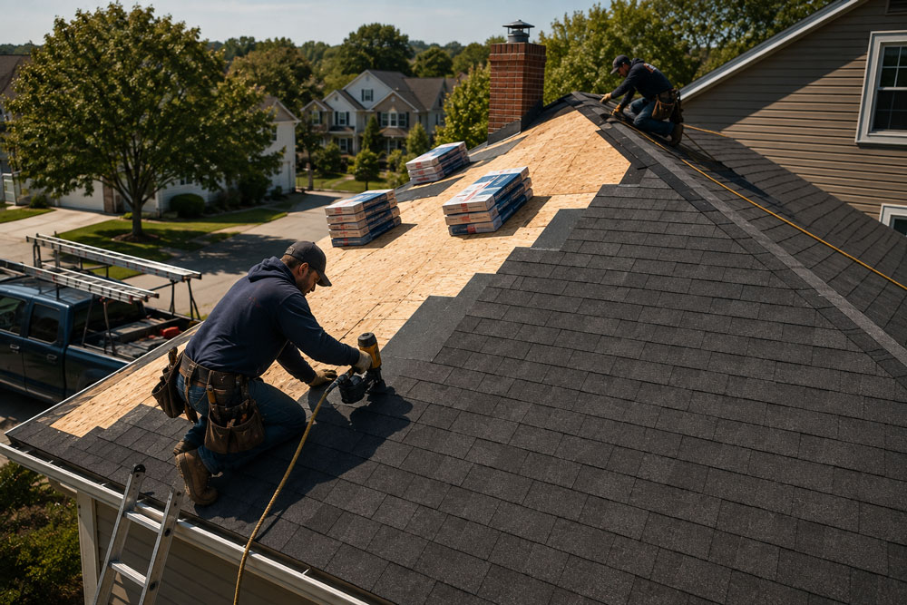 Roofer nailing new architectural shingles during a full roof replacement