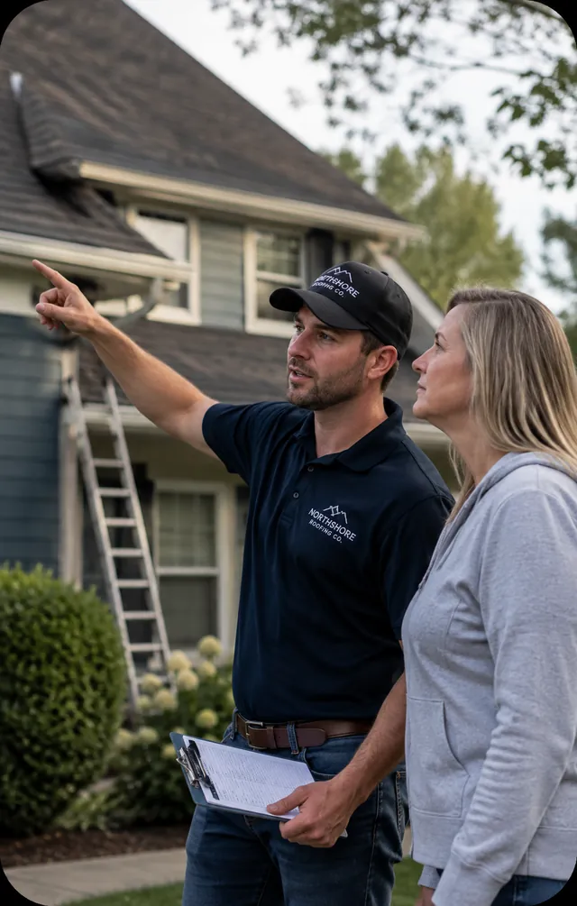 Roofer pointing out roof details to a homeowner outside her house