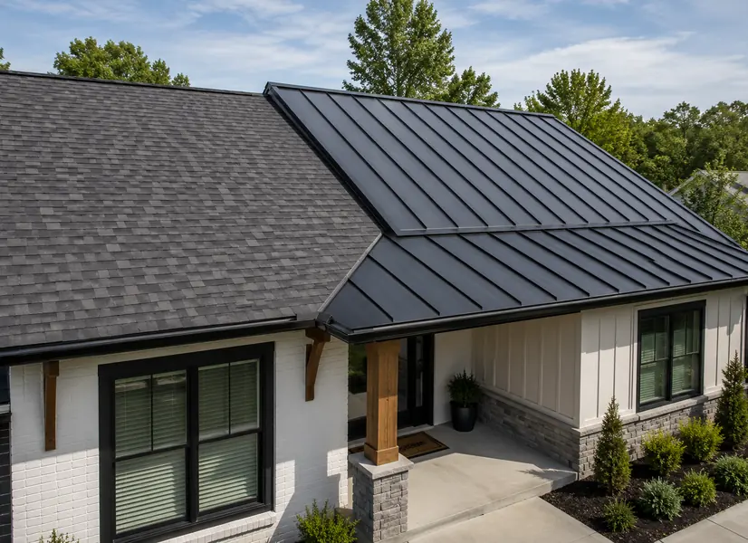 Modern home with a dark standing seam metal roof