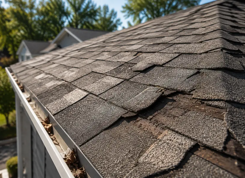 Worn asphalt shingles curling and lifting on an older roof