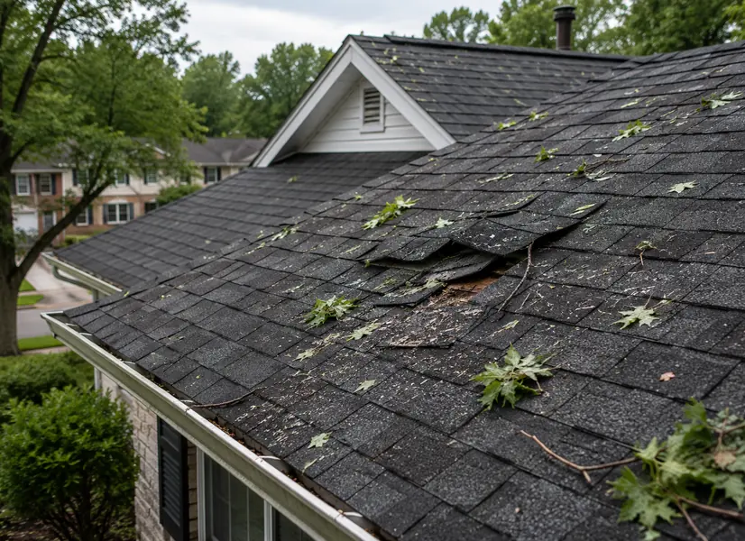 Storm-damaged shingle roof with debris and fallen branches