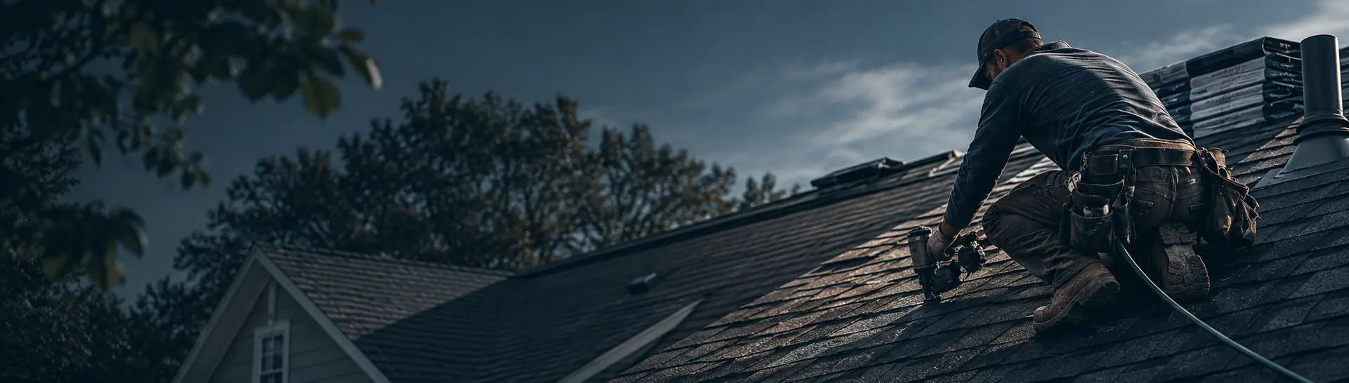 Roofer working on a shingle roof at dusk