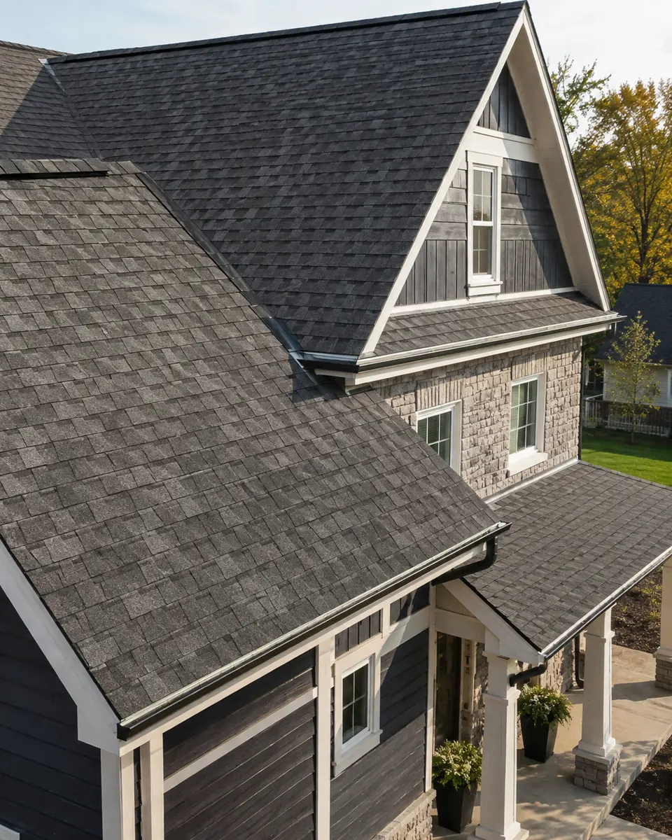 Architectural shingle roof on a stone and siding home