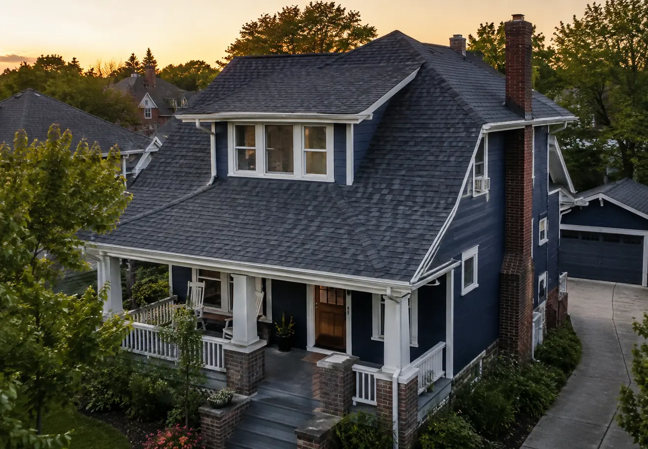 Blue-grey shingle roof on a two-storey Lakewood home with dormers and a brick chimney