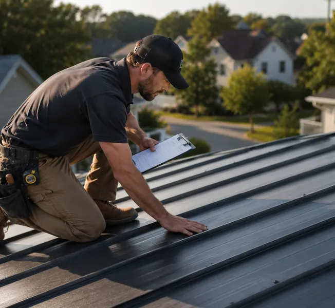 Roofer with a clipboard inspecting a metal roof