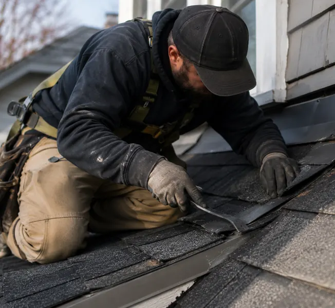 Roofer kneeling on a shingle roof repairing damaged shingles