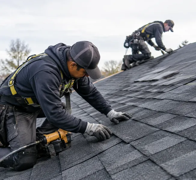 Roofers installing new asphalt shingles on a steep roof