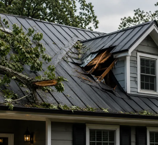 Fallen tree branches that broke through a metal roof after a storm